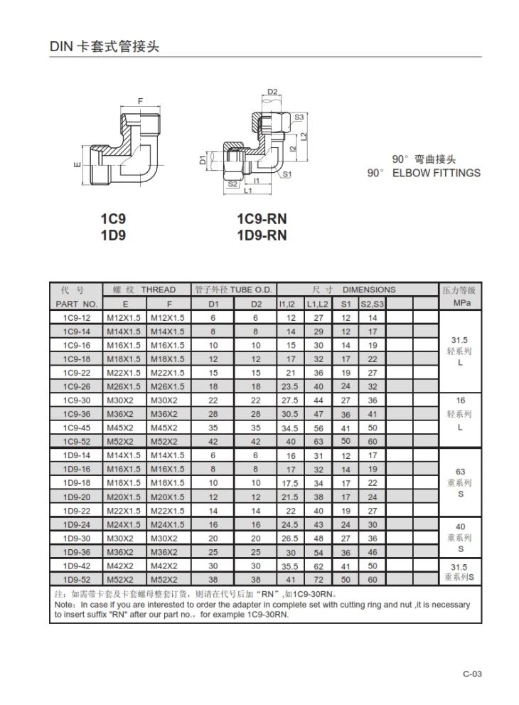 1C9 / 1D9-RN خم یونین ٹیوب فٹنگ DIN 2352۔